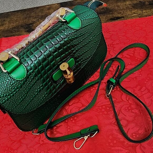 Neiman Marcus Bamboo Handle Crocodile Print Top Handle Bag - Picture 3 of 7